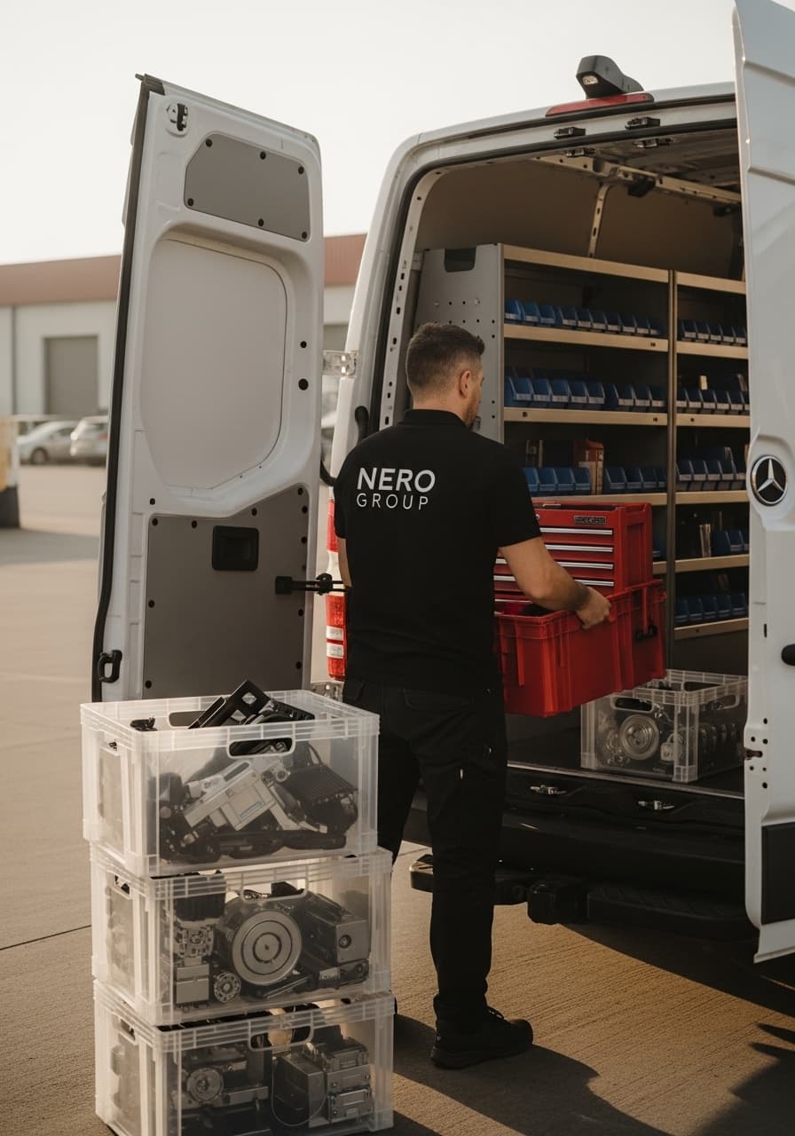 A NERO munkatársa alkatrészeket pakol a szervizautóból